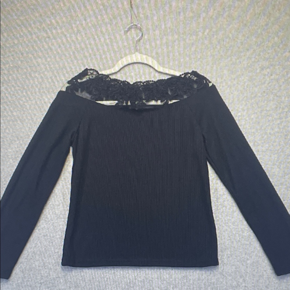 Free People Black Off-Shoulder Lace-Trim Long Sleeve Top